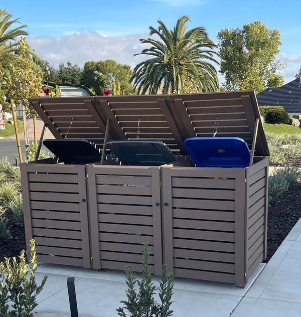 Outdoor Trash Can Enclosure – Weatherproof Garbage Bin Storage Shed, Fits 96 Gallon Bins, PVC & Composite Panels